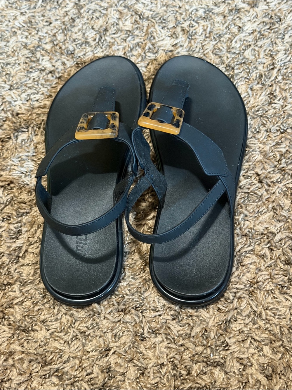 OluKai Black T-Strap Sandals with Tortoiseshell Buckle Accent - Picture 2 of 5